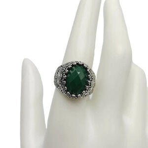 Green Faceted Rhinestone Silver Tone Filigree Dome Ring Size 9